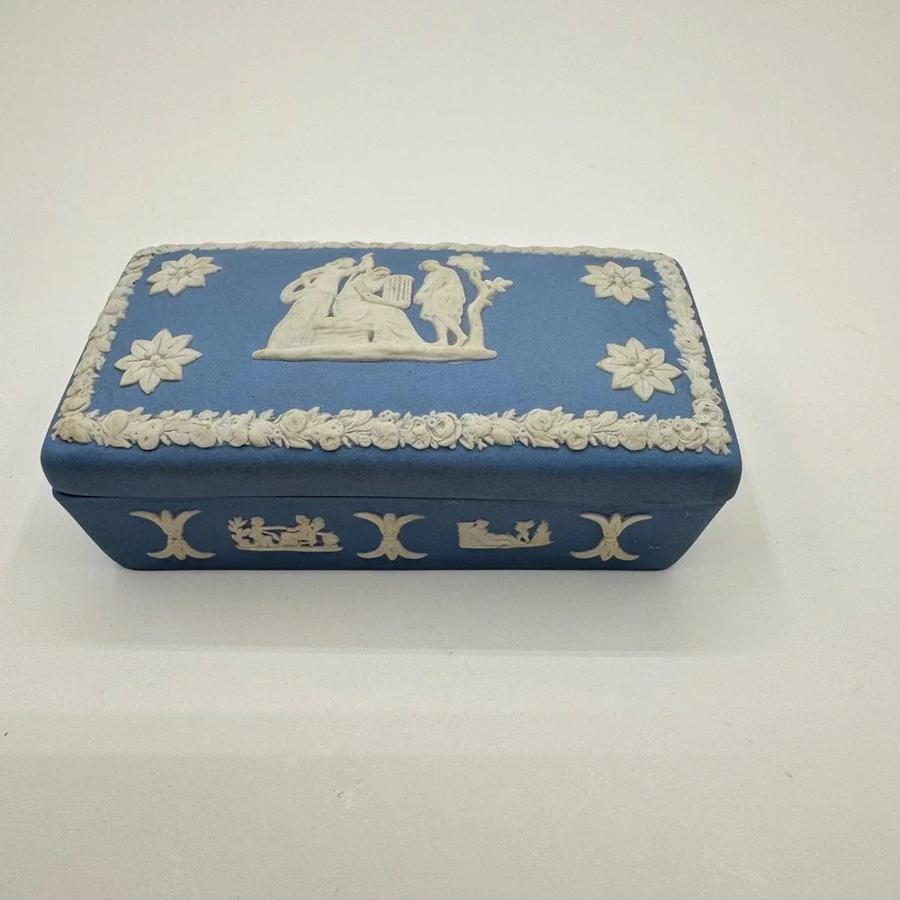 Wedgwood Blue Jasperware Rectangular Trinket Box Neoclassical Made in England